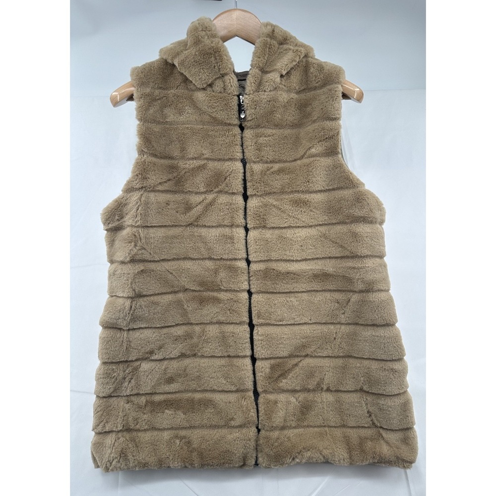 Kaleidoscope Women's Faux‎ Fur Vest One Size Brown Zip Front Pockets Hooded